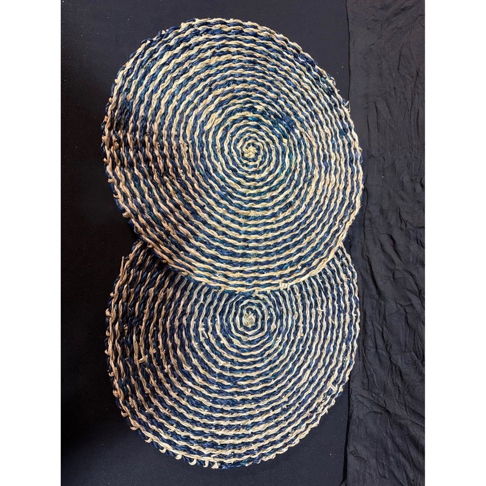 Set of 2 Round Woven Blue and Natural Straw Spiral Placemats Coastal Decor